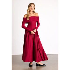 Lulus Sescca Wine Red Off-the-shoulder Jersey Knit Maxi Dress - Size S